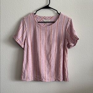Christopher & Banks Petite Linen Blend Striped Top PS Pink Short Sleeve